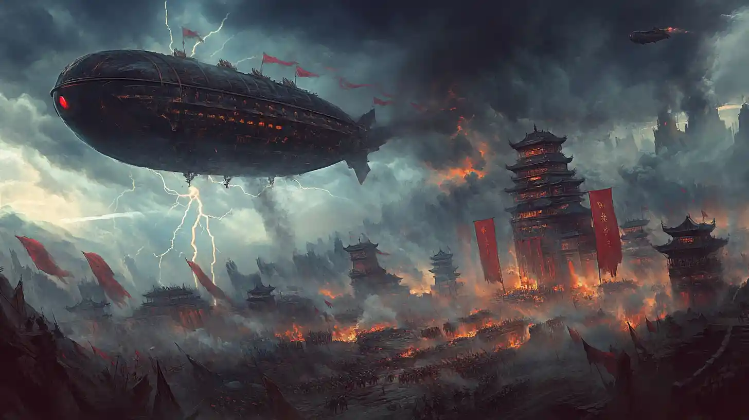 Colossal oriental airship fighting a storm above ruined battlefield