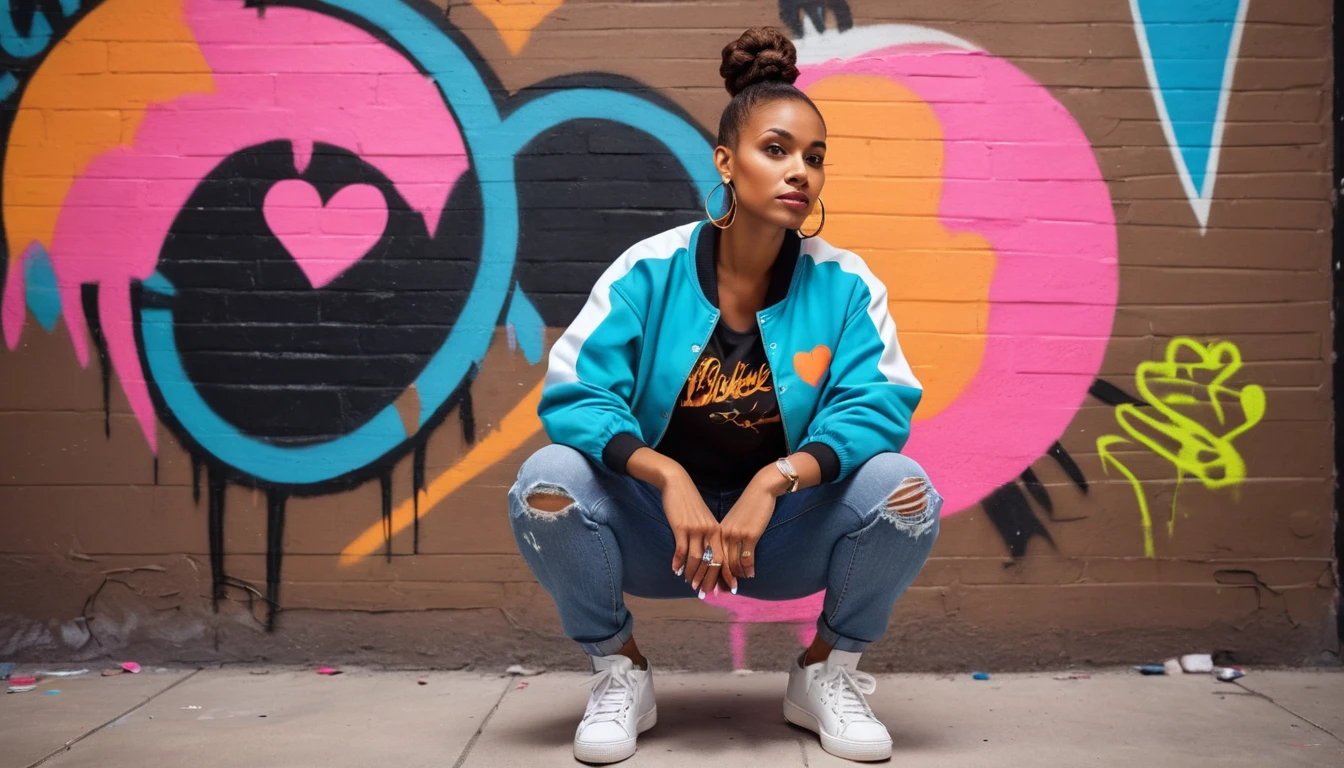 Stylish woman squatting by neon graffiti heart wall