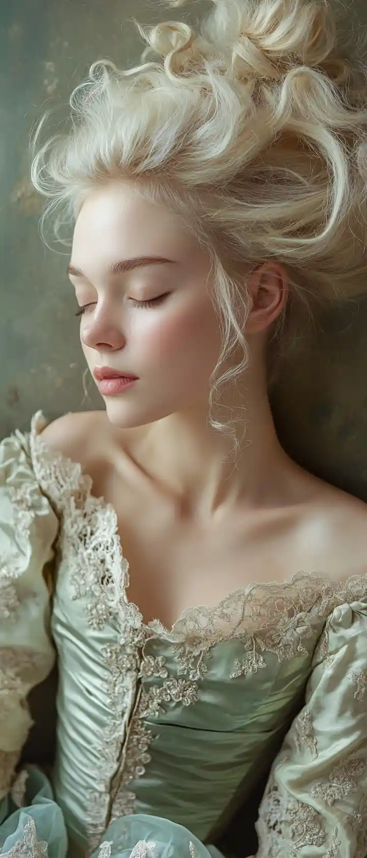 Rococo woman in flowing ball gown with serene profile