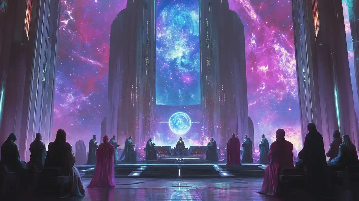 Galactic overlords seated in a celestial temple of time and space