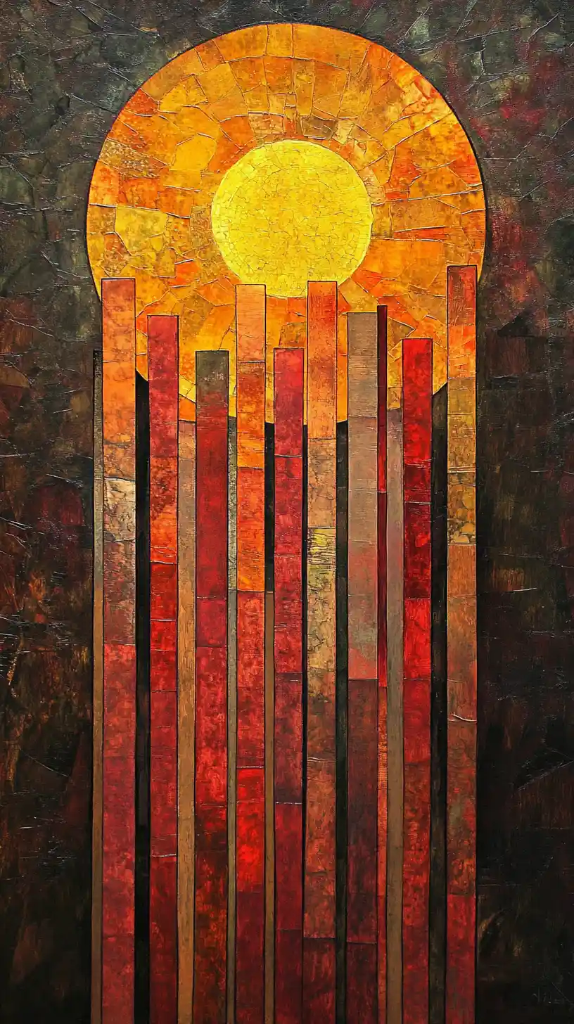 Abstract stained glass painting with luminous solar circle