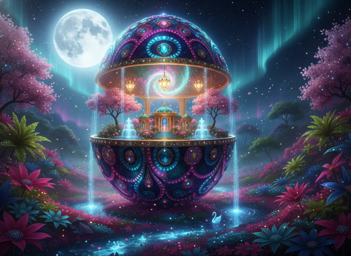 Jeweled faberge egg portal in a mystical moonlit meadow