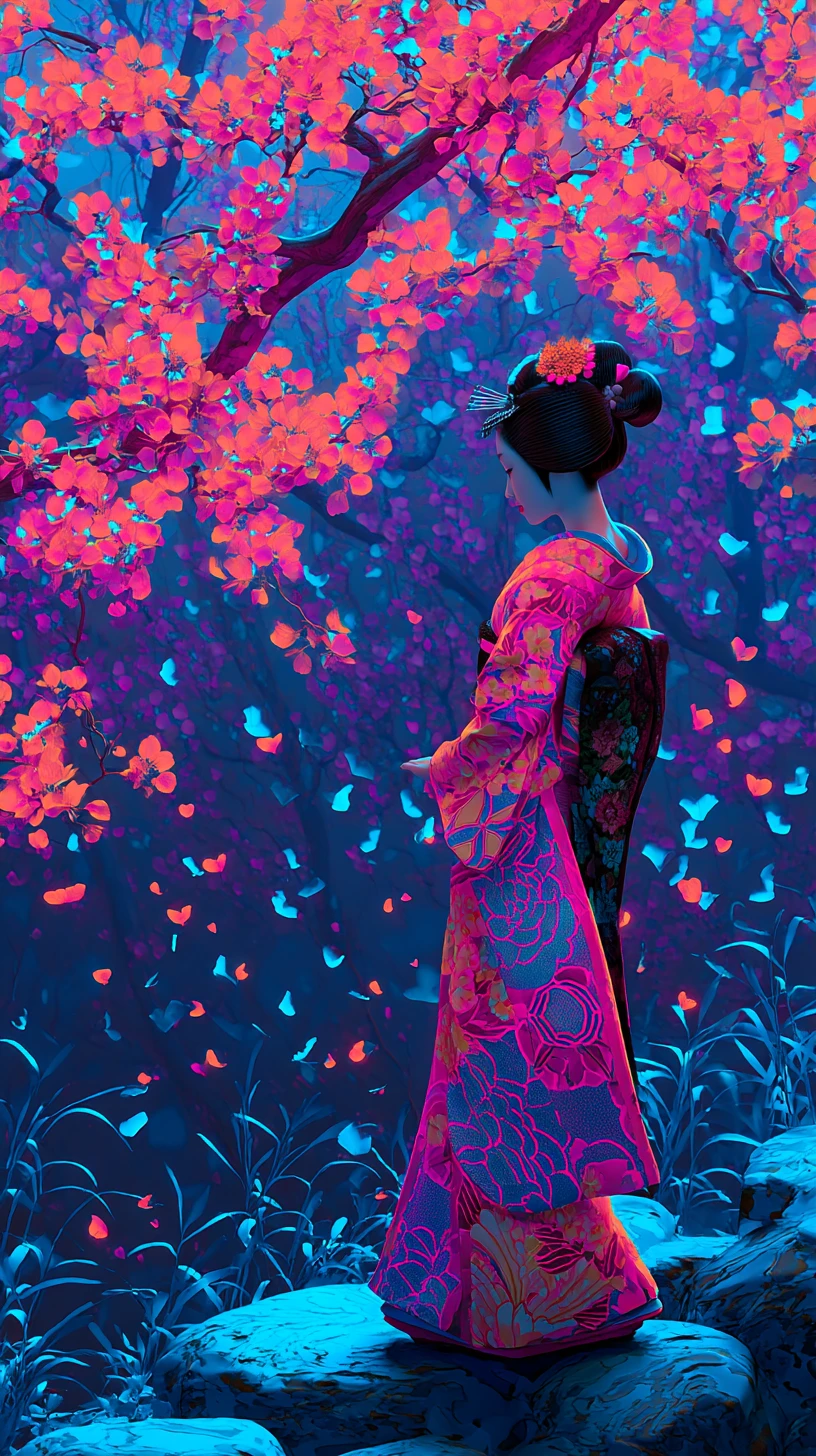 光り輝く桜の木の下を歩くネオン芸者