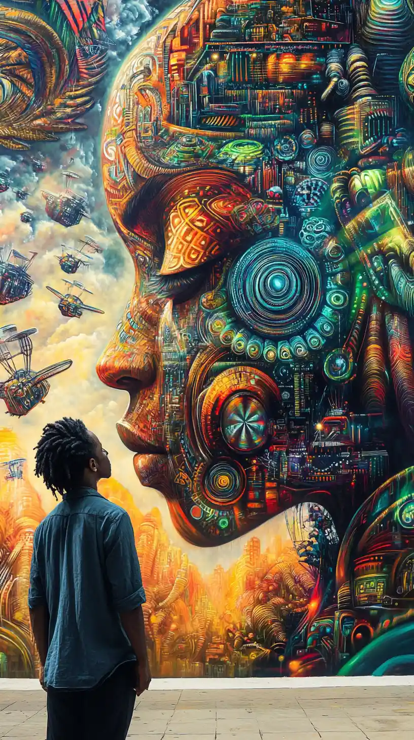 African artist beginning a vibrant futuristic city mural