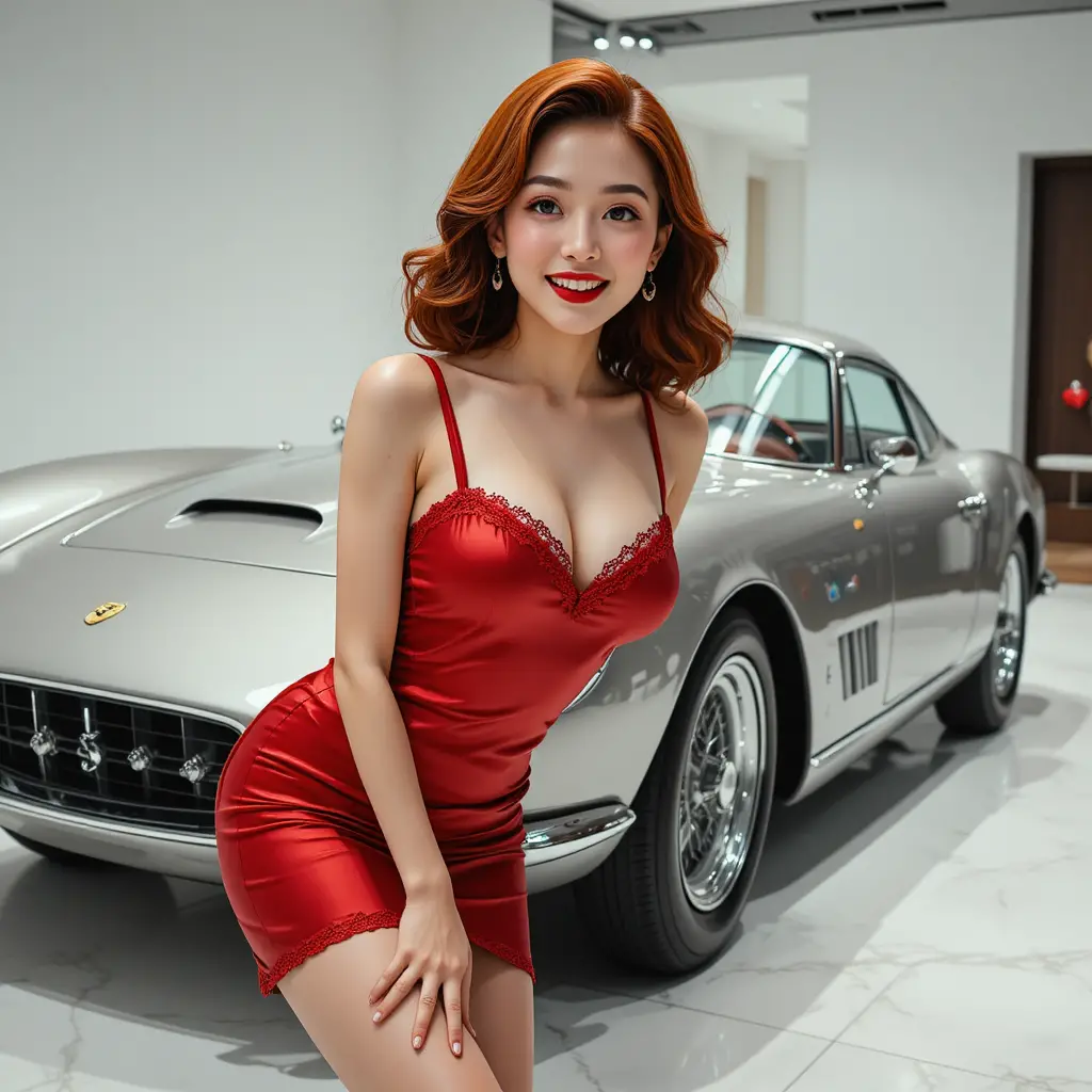 Verspielte koreanische Pin-up-Frau neben einem Luxus-Sportwagen