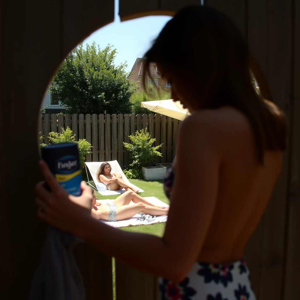 Man secretly watching neighbor through a fence hole outdoors