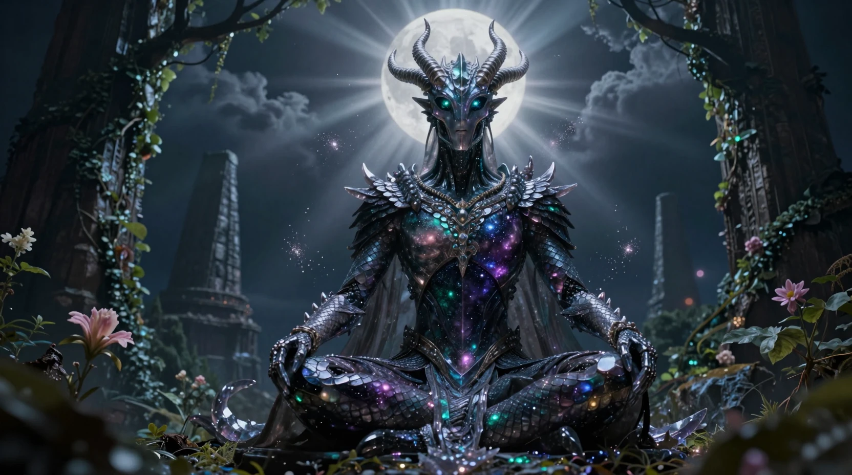 Cyborg druid kneeling in moonlit ancient ziggurat ruins