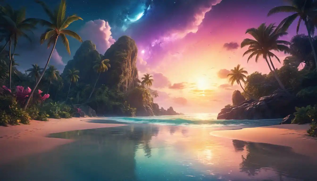 Surreal Tropical Shoreline At Dusk With Reflective Water