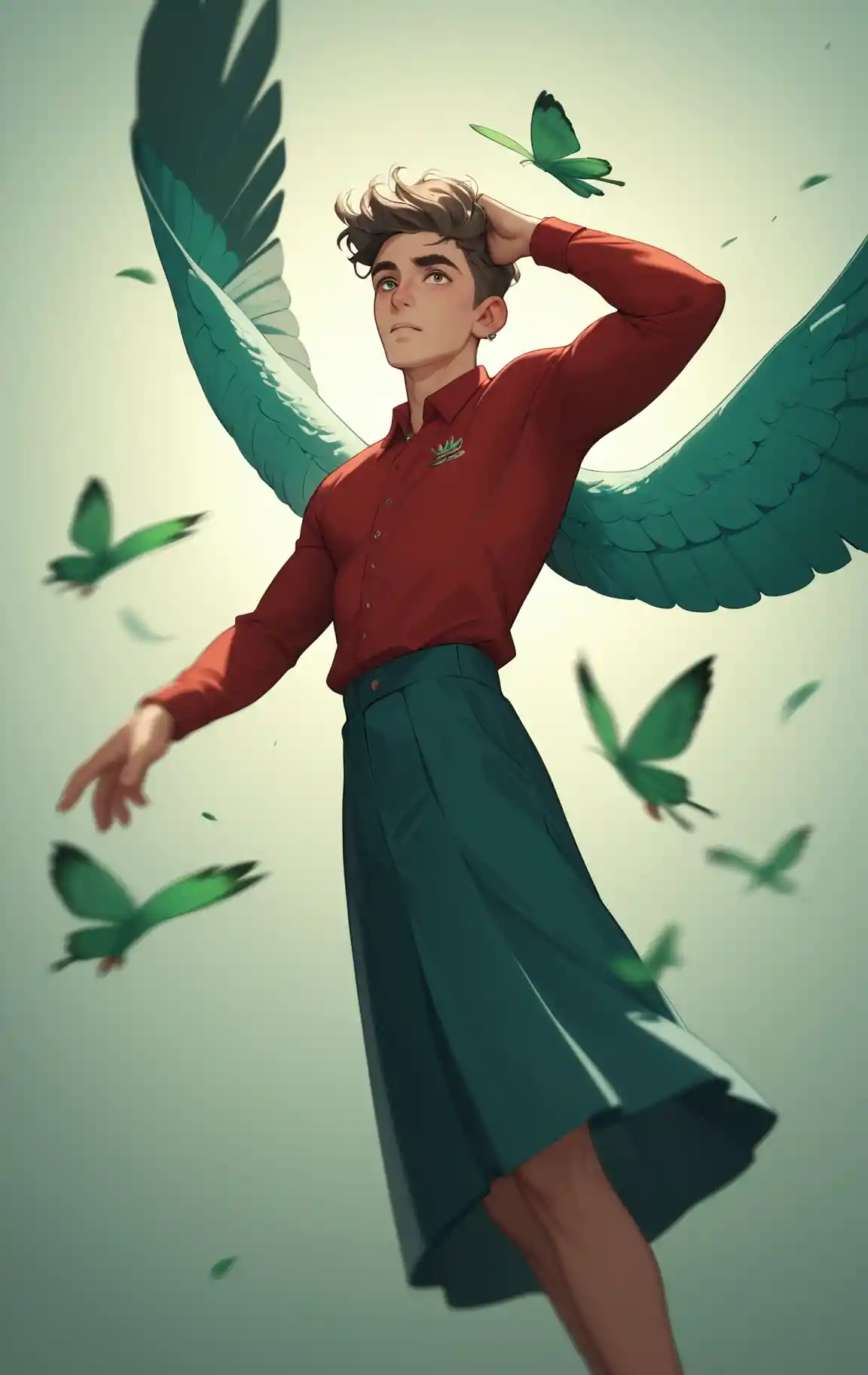 Owl headed man in flowing red linen chasing dragonfly