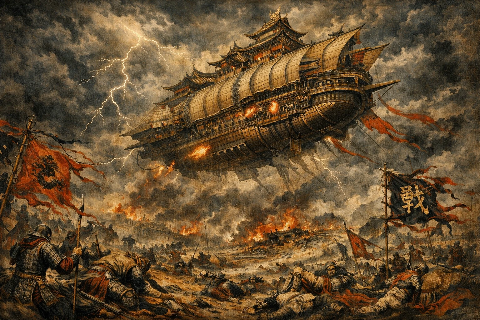Ancient airship battling a storm over ruined battlefield