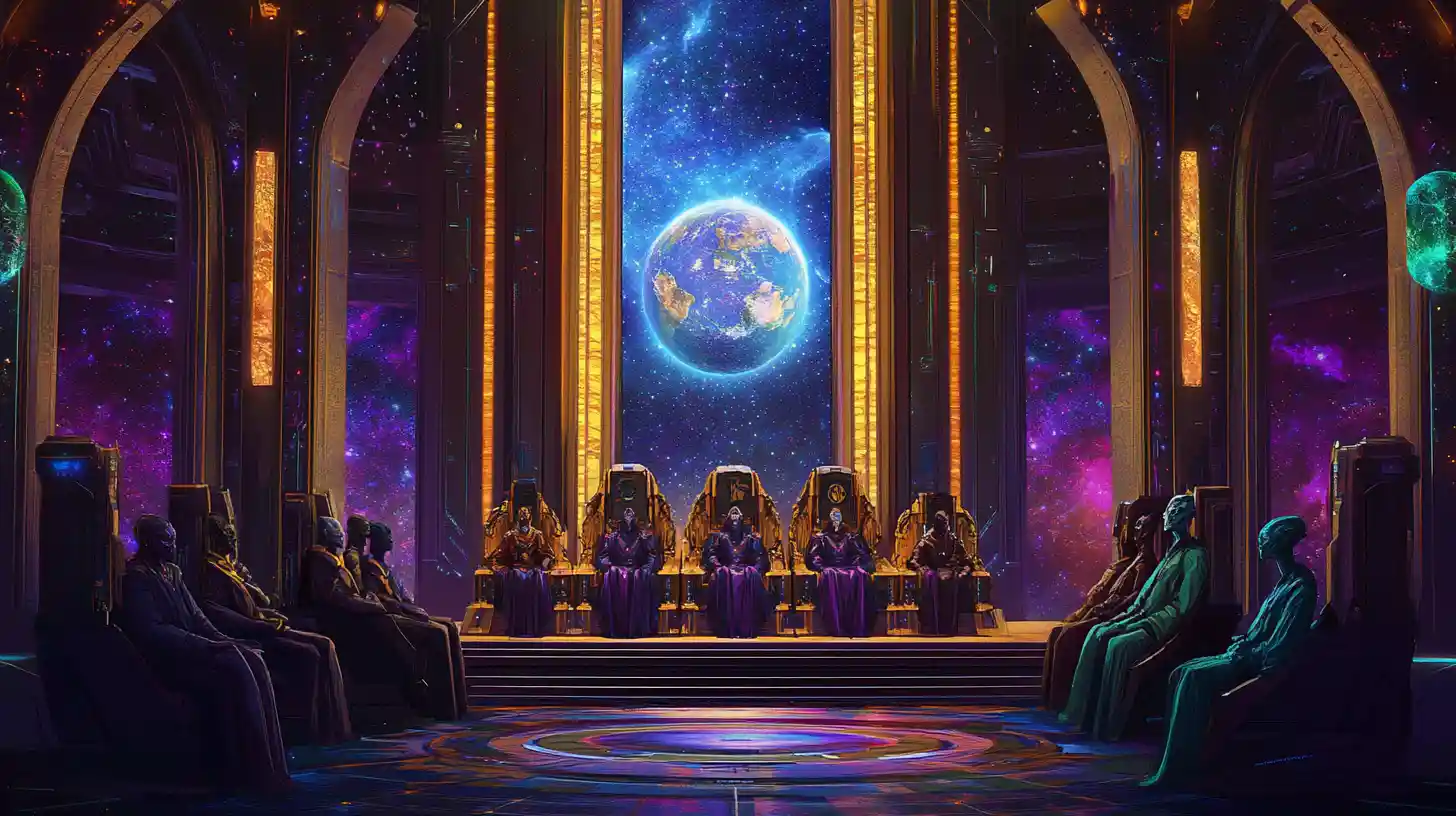 Señores alienígenas se reúnen en un templo cósmico de tiempo y espacio