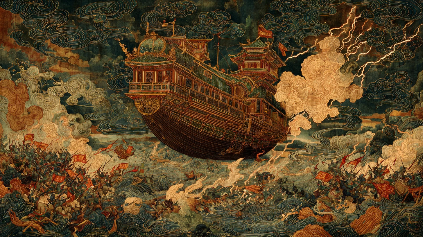 Colossal Oriental Airship Fighting A Storm Above Battlefield