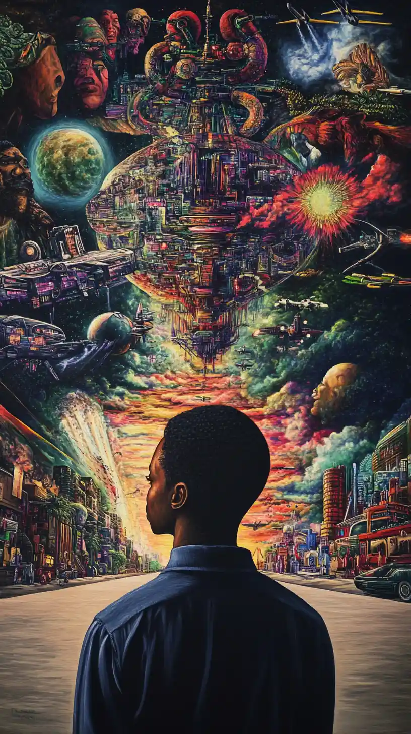 Schwarzer Künstler beginnt ein lebendiges afrofuturistisches Stadtwandbild