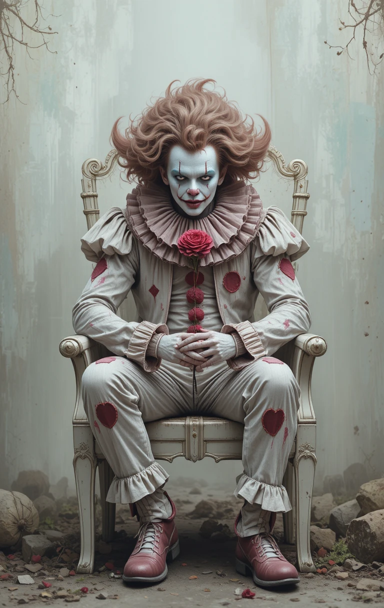 Eerie pale clown relaxing on a worn white chair