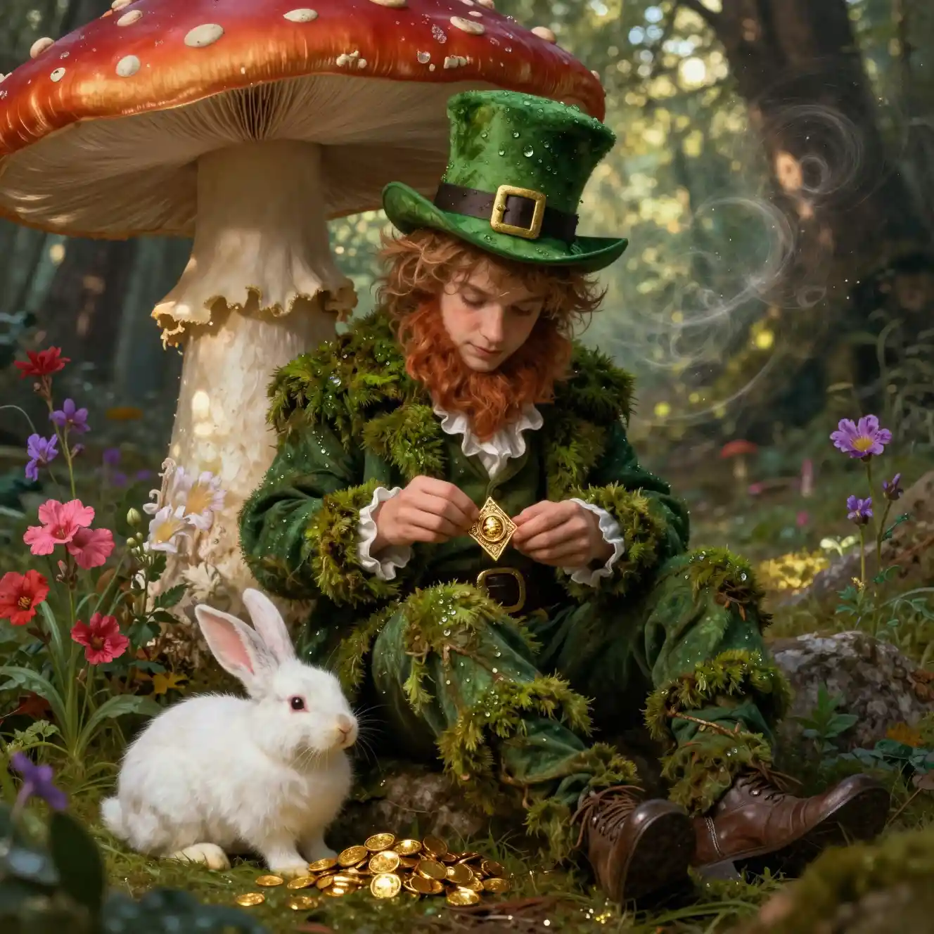Mischievous leprechaun by red mushroom in sunlit forest