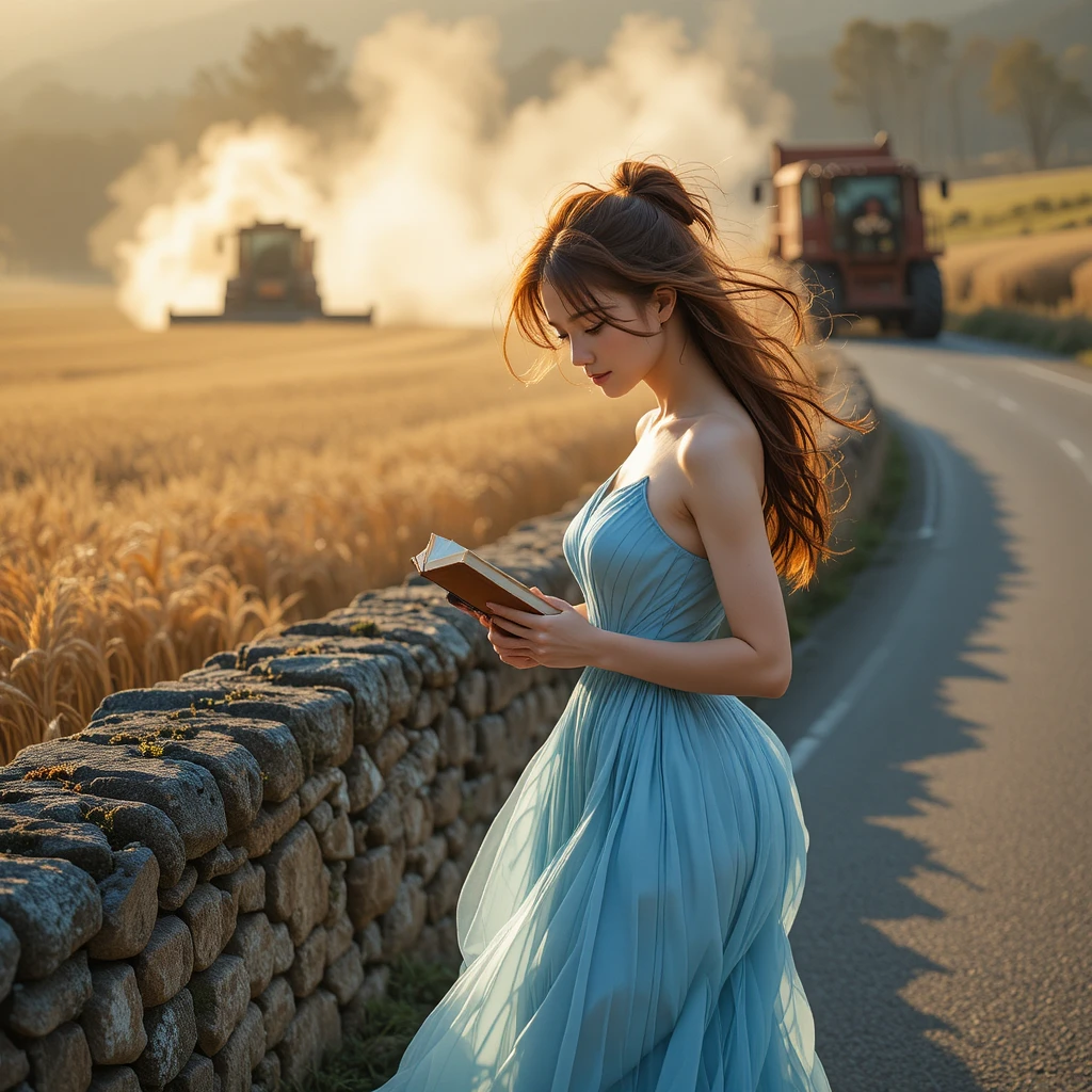 Young Korean woman reading by a rural stone wall