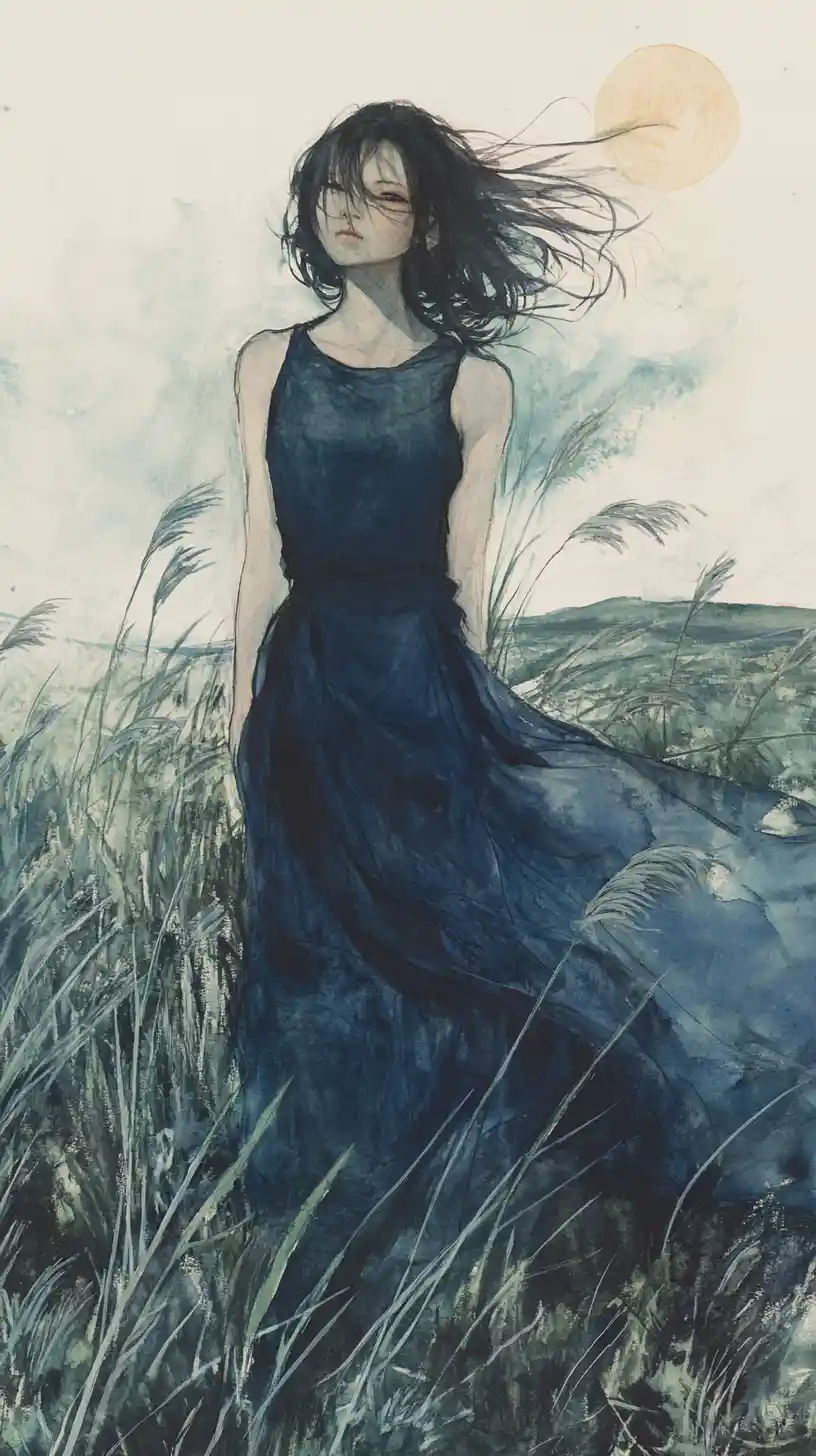 Young woman in blue dress standing in windy grassy field