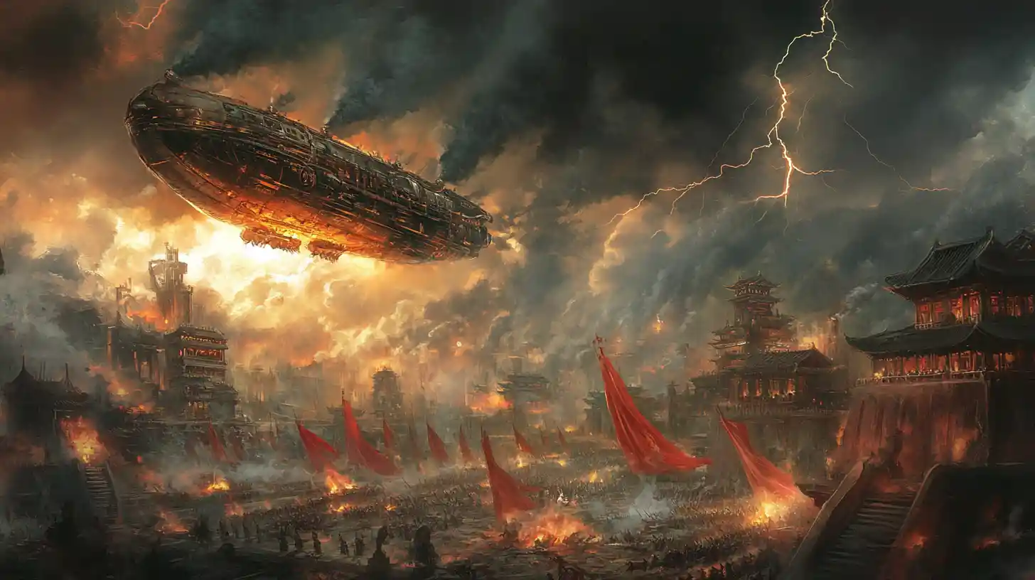 Ancient airship battling a storm over ruined battlefield