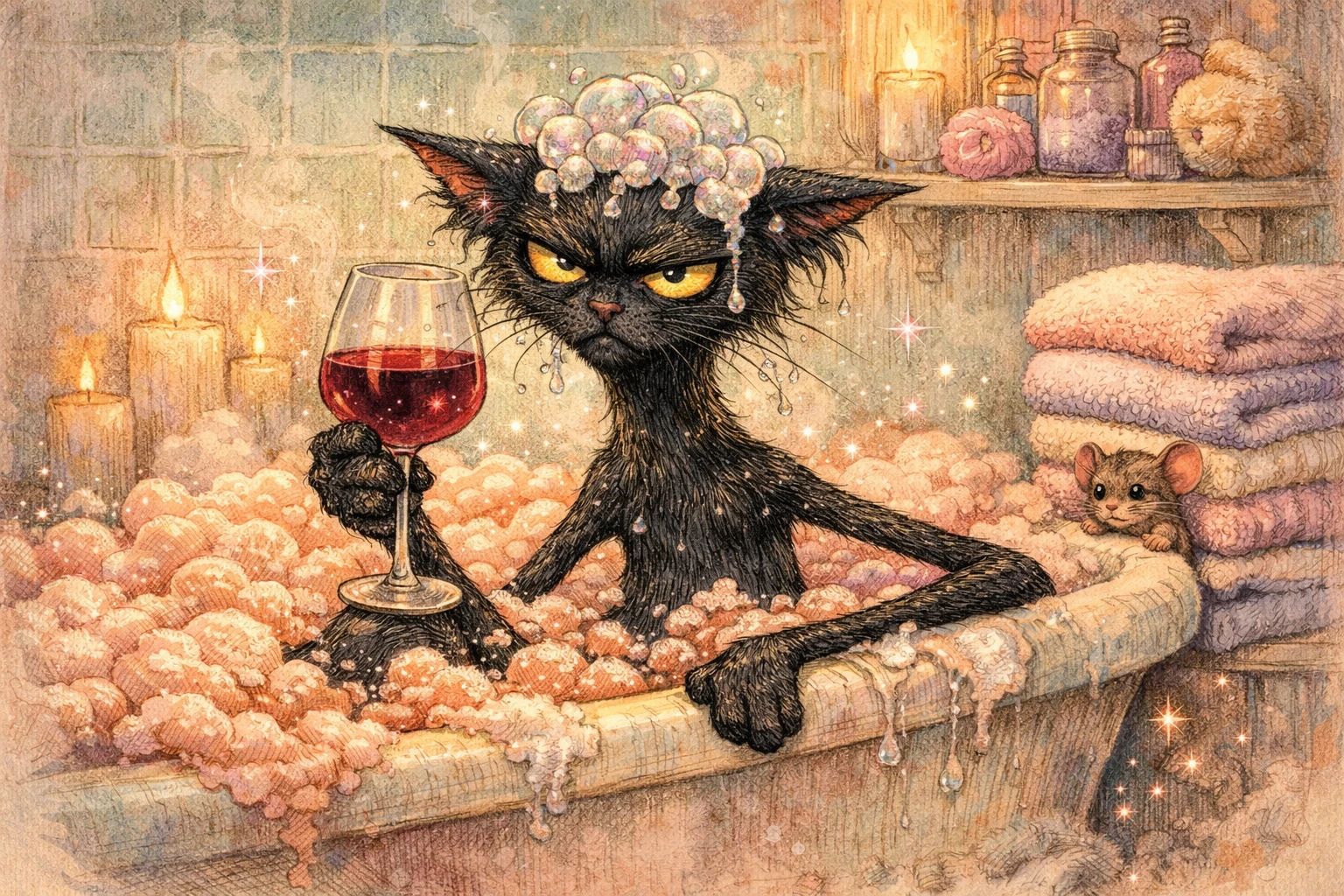 Grumpy black cat in rose gold bubble bath