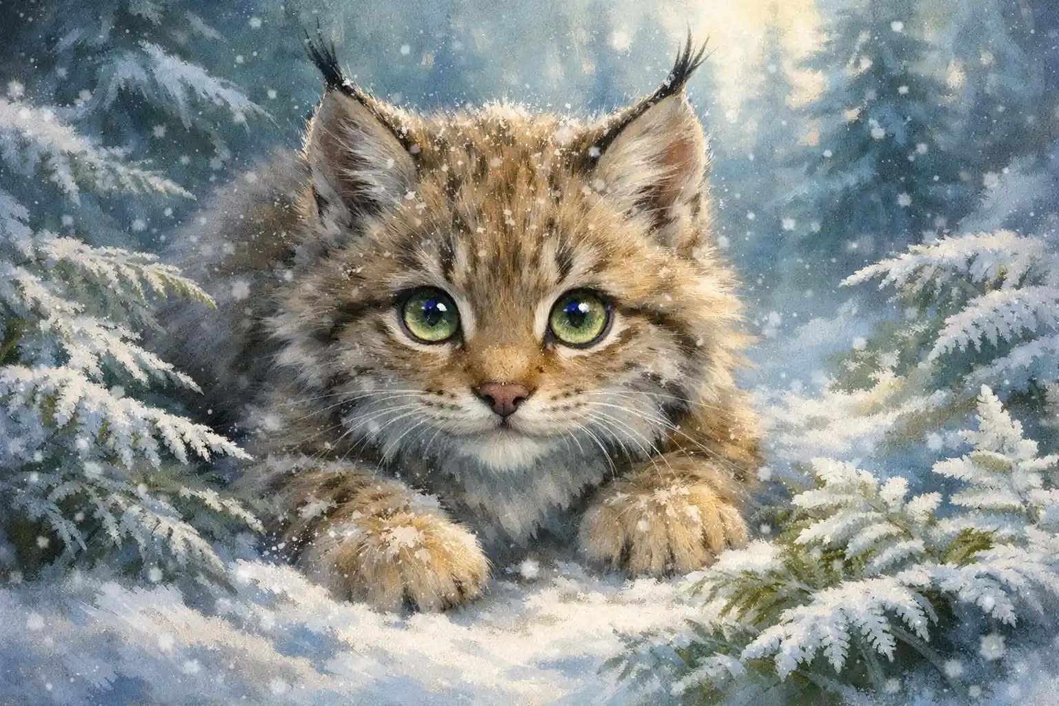Lince bebé juguetón en un claro nevado del bosque entre helechos