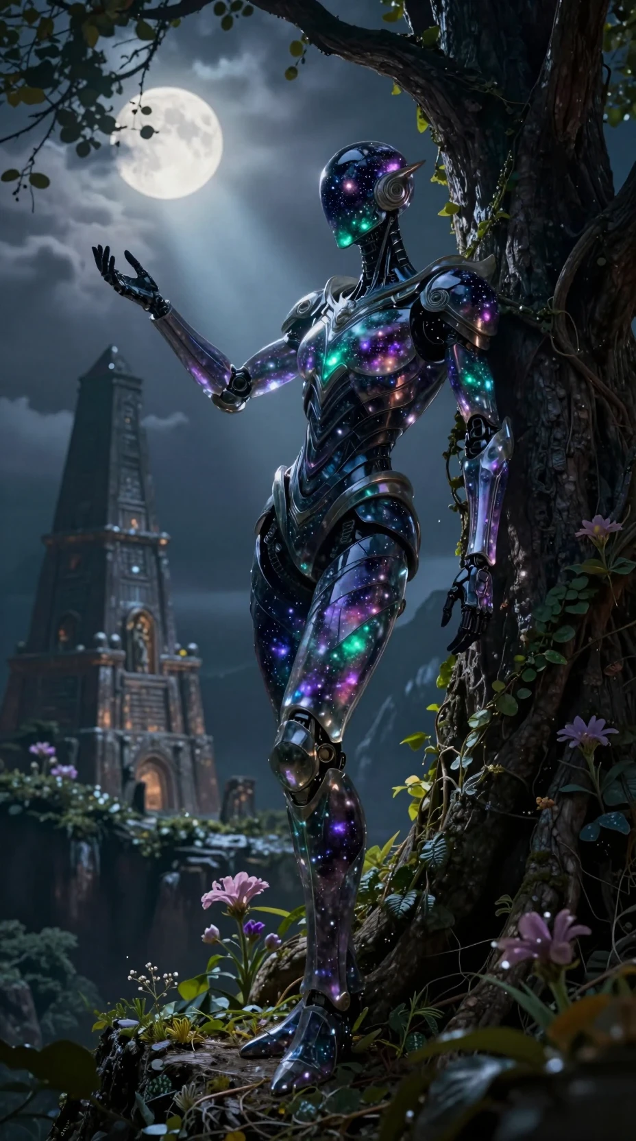 Crystal android druid stargazing by an ancient tree