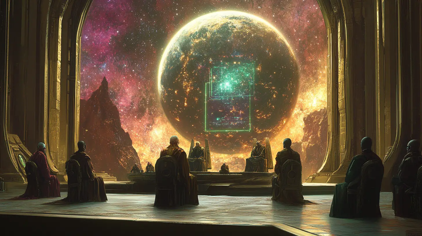 Señores alienígenas en un templo cósmico de tiempo y espacio
