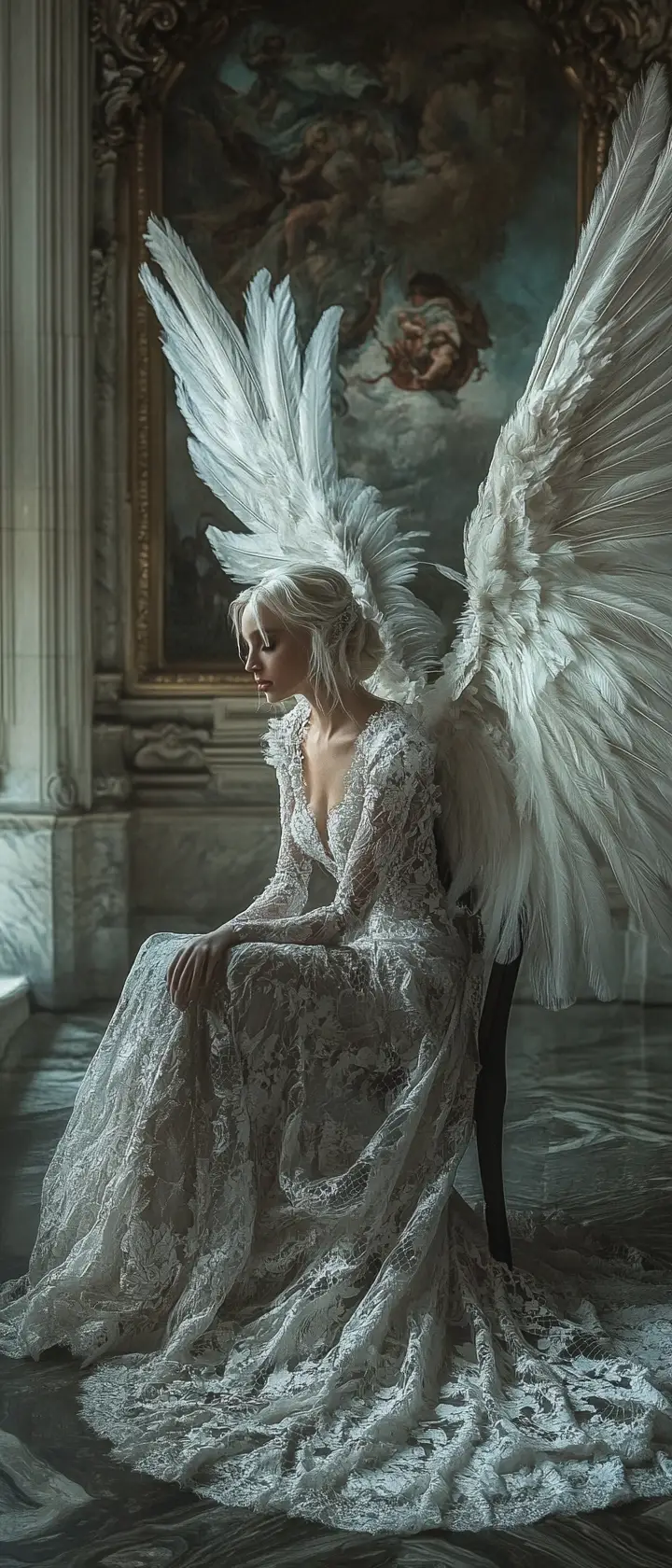 Angel like bride seated in a cinematic gallery interior