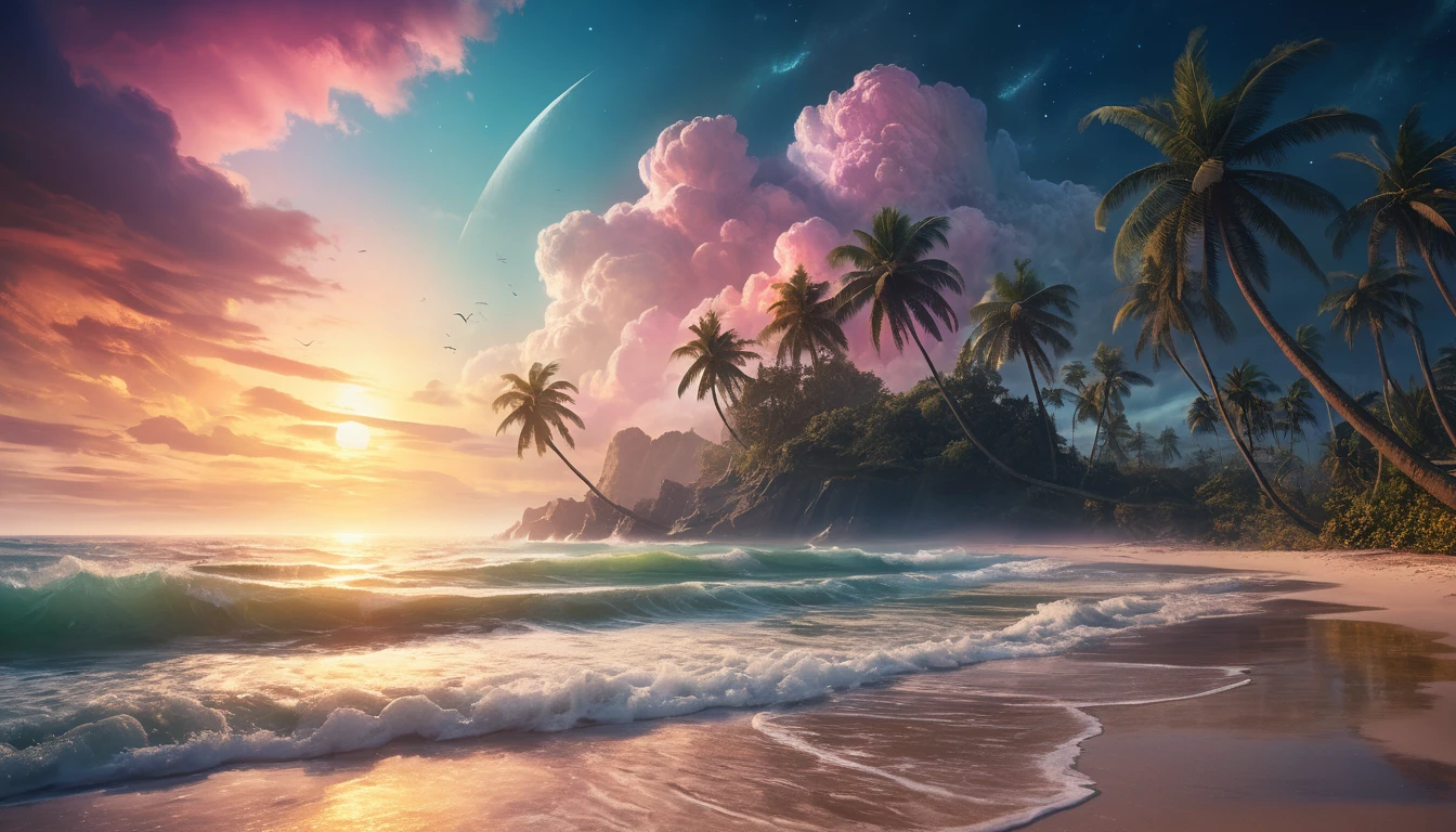 Cinematic Twilight Beach With Palms And Gentle Waves