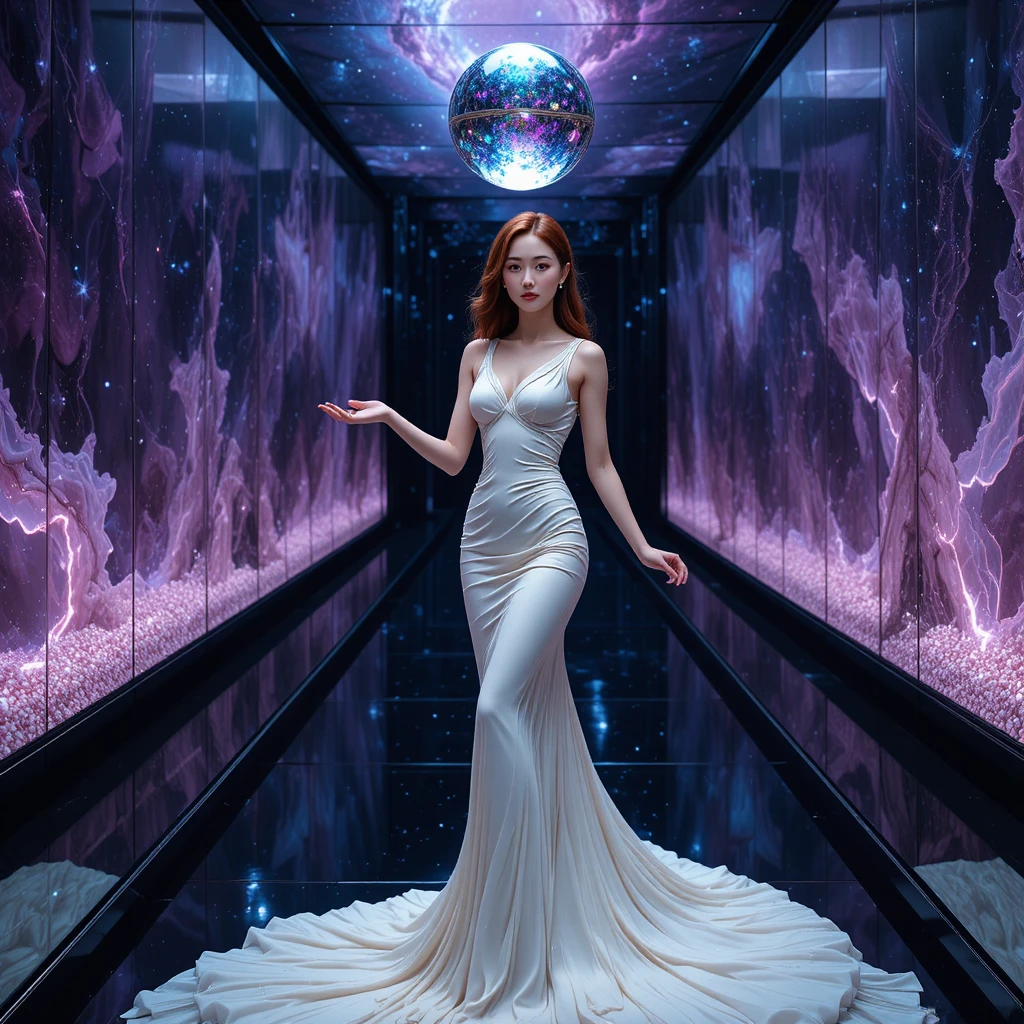 Korean woman in sculpted sci fi gown on obsidian floor