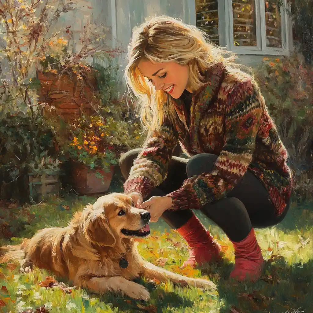 Girl cuddling a saint bernard dog in a sunny garden