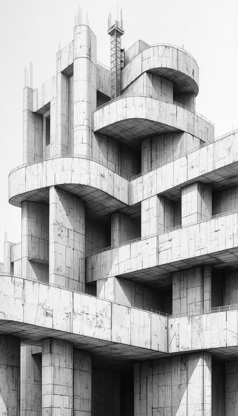 Abstract ink architectural drawing with flowing curved forms