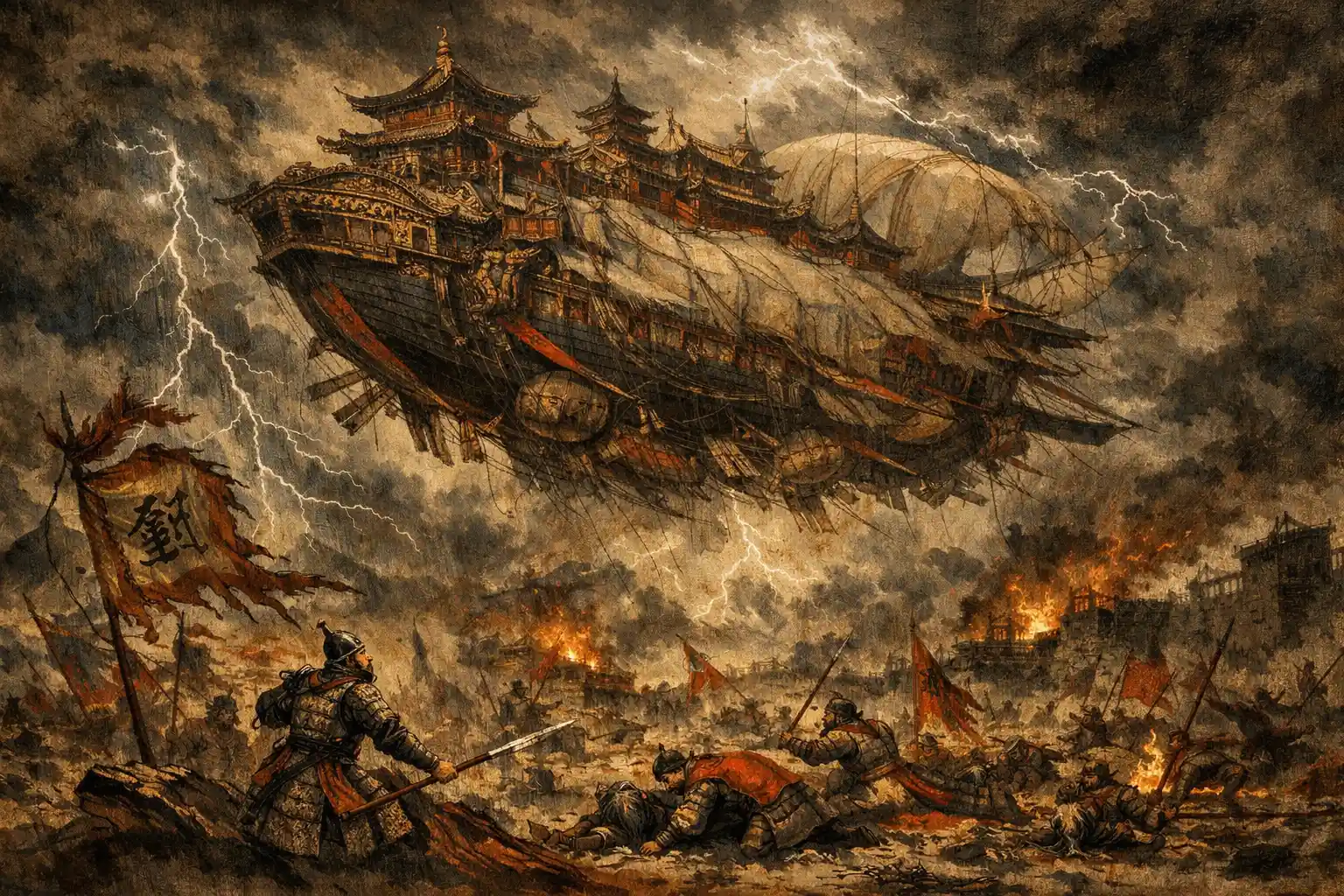 Colossal oriental airship fighting a storm above ancient battlefield