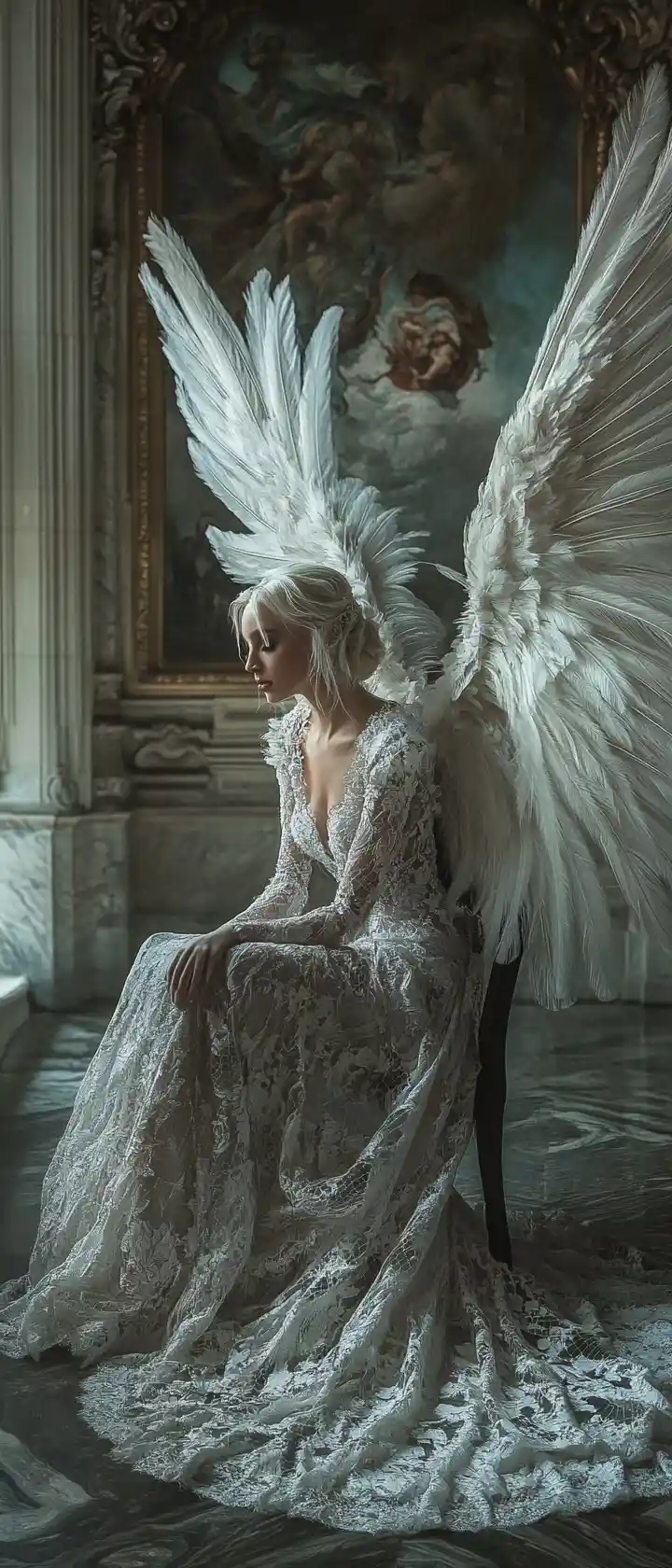 Angel like bride seated in a cinematic gallery interior