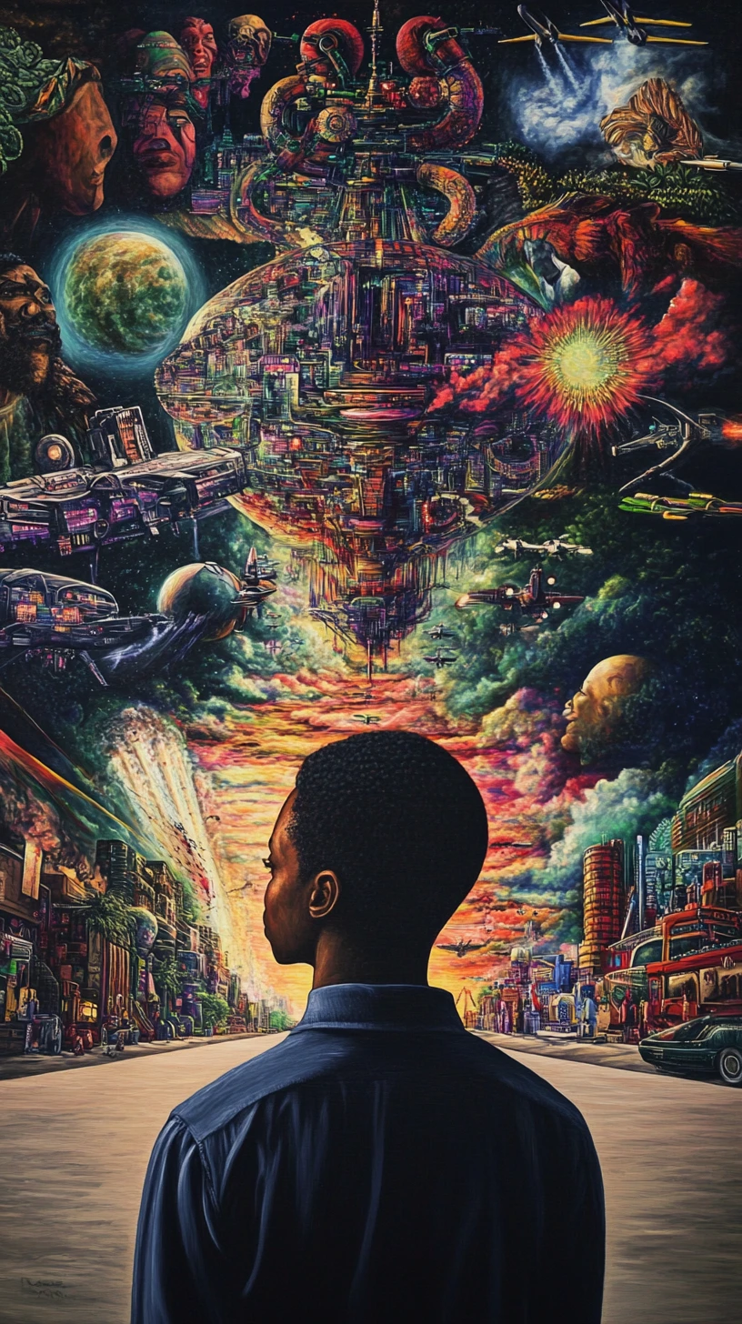 Artista negro iniciando un vibrante mural de ciudad afrofuturista