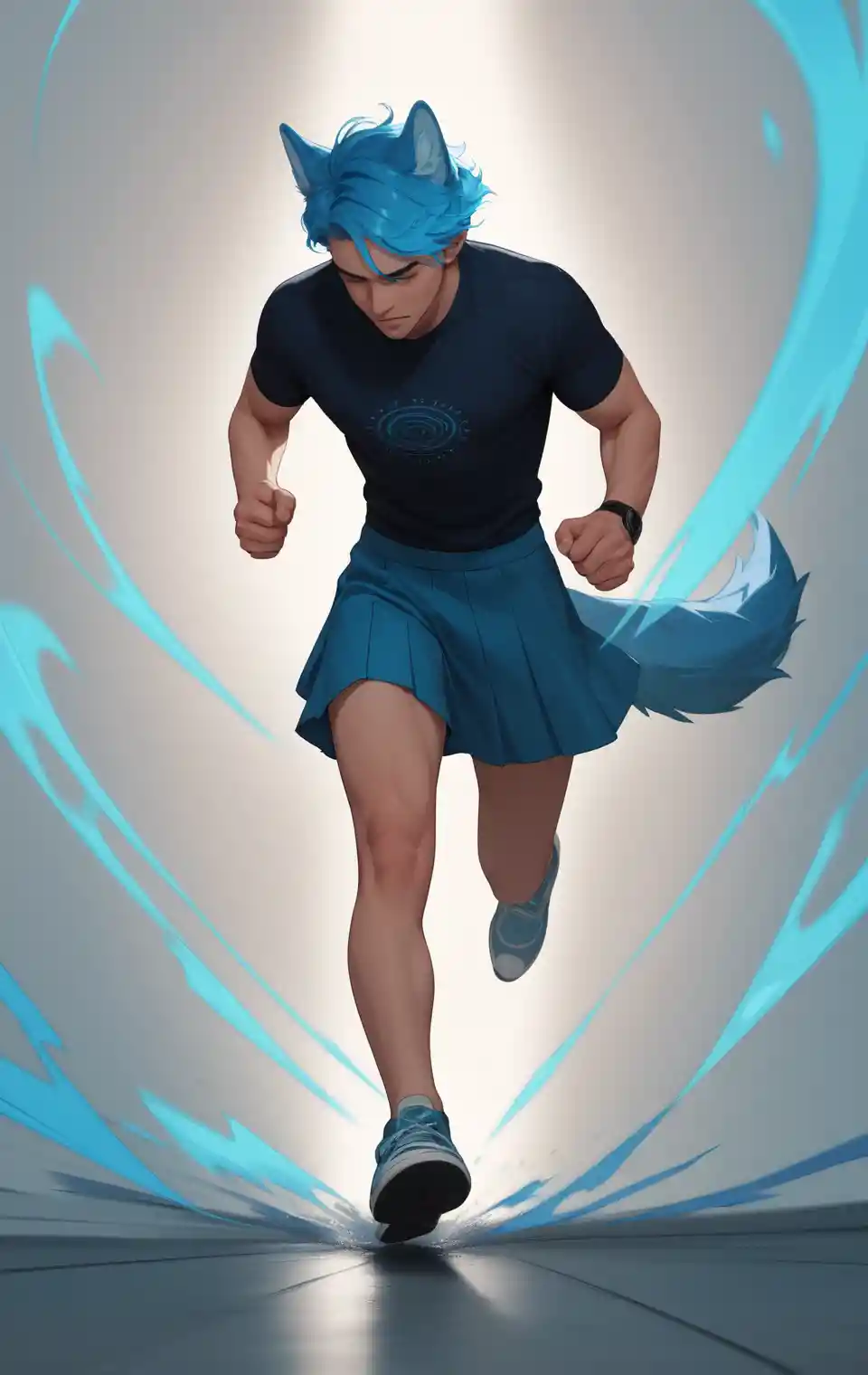 Figura con testa di lupo che corre con gonna di lino blu svolazzante