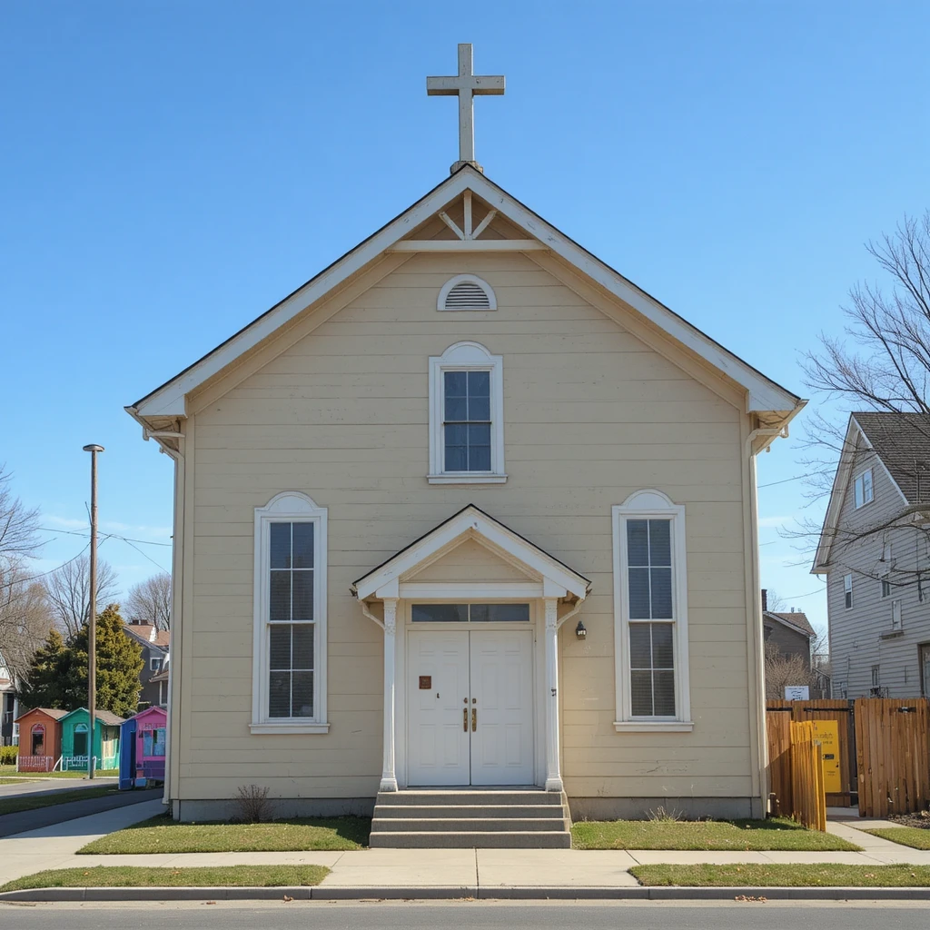 Iglesia sencilla beige en una calle suburbana con casitas de juego