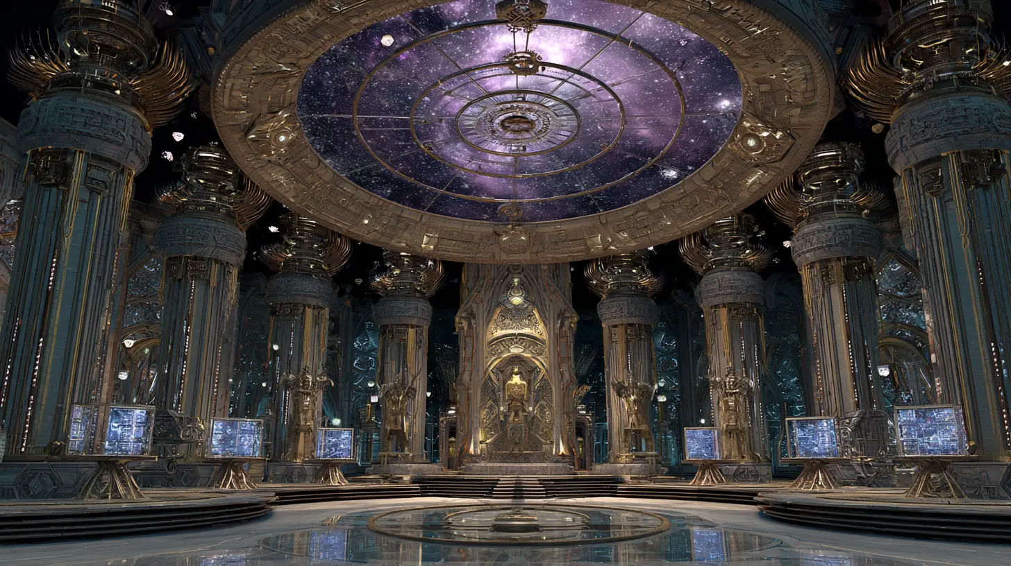 Señores galácticos en un templo cósmico de tiempo y espacio