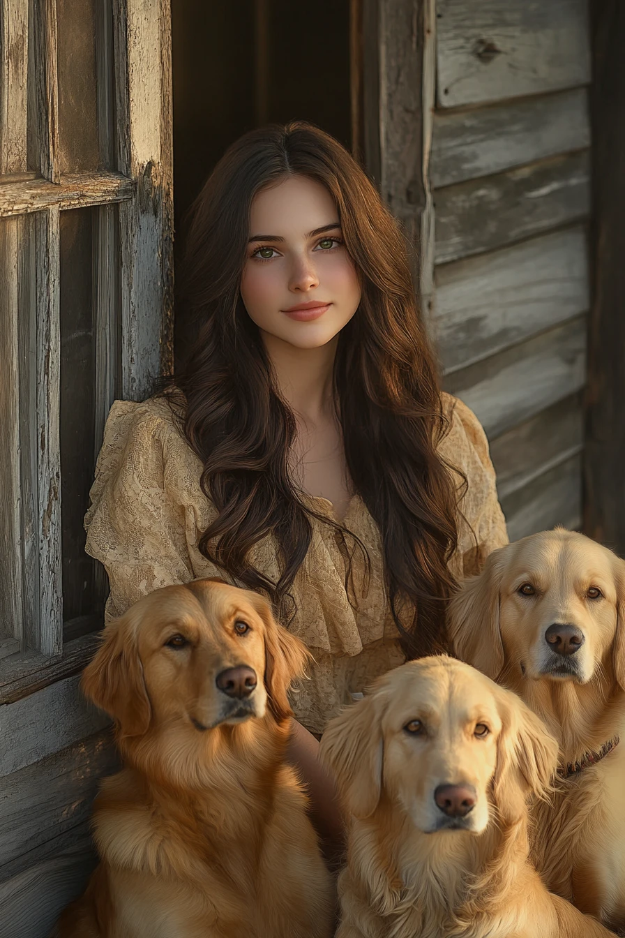 Jeune femme avec des golden retrievers sur un porche en bois