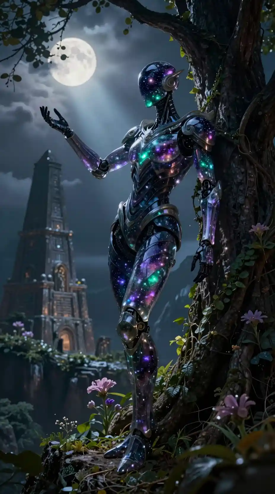 Crystal android druid stargazing by an ancient tree