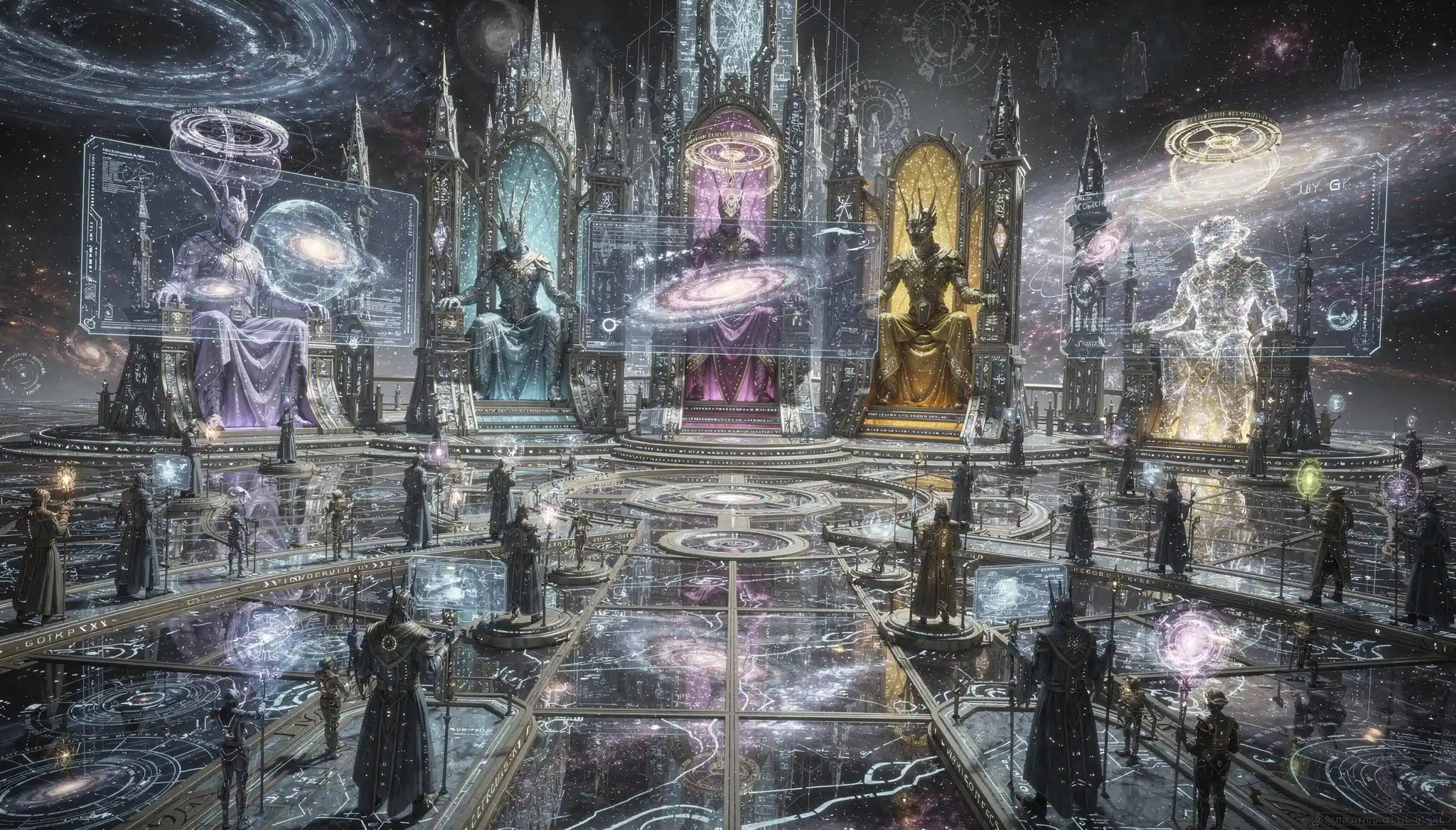 Señores alienígenas en un templo celestial de tiempo y espacio