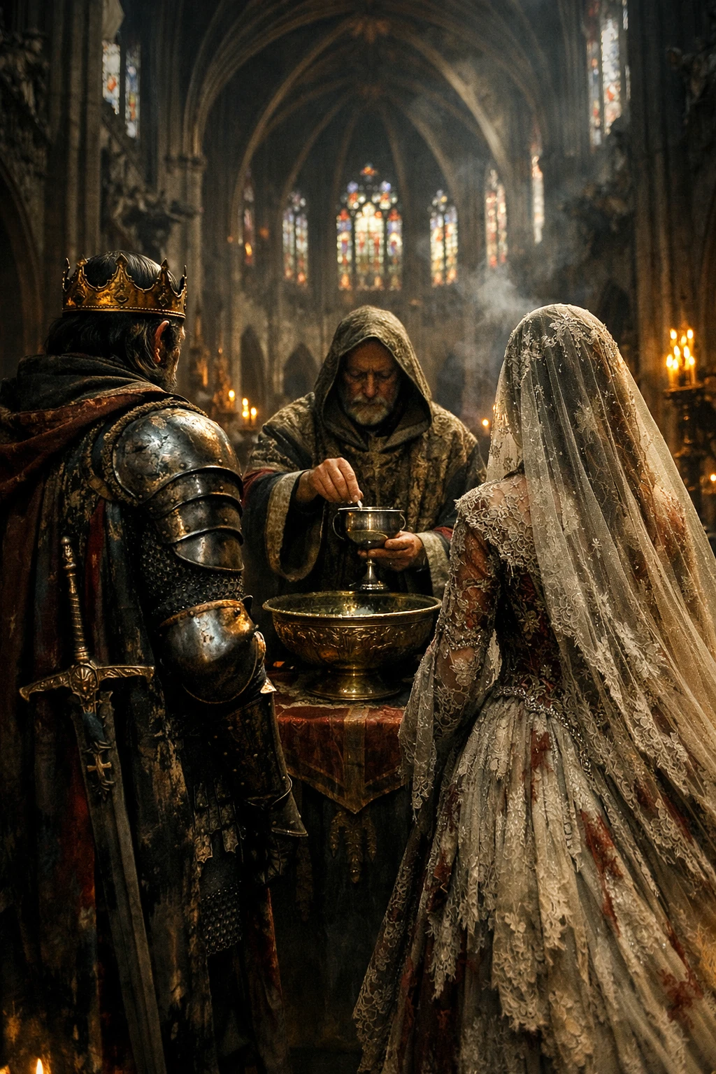 Royal couple at the altar in a dark gothic cathedral