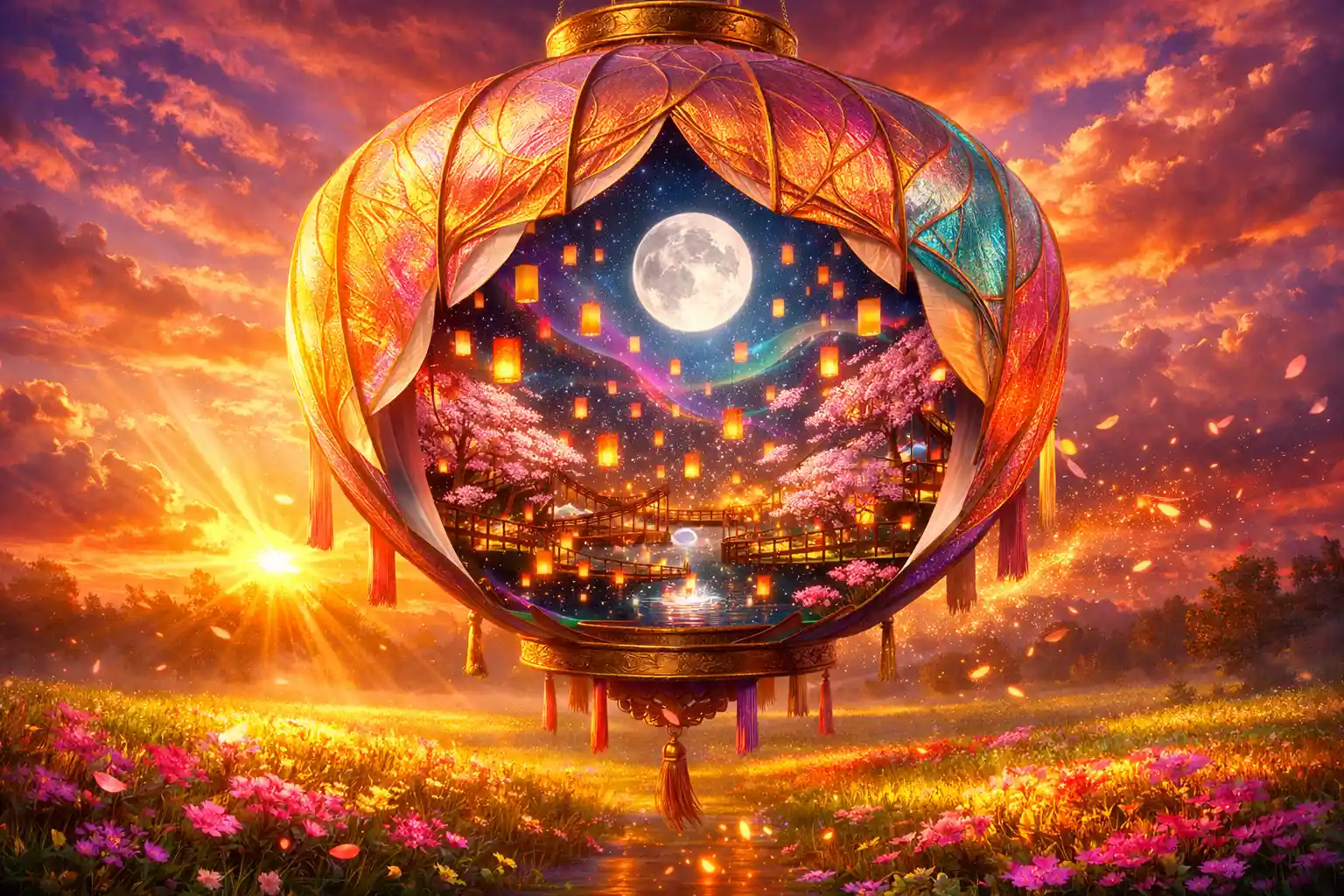 Surreal Paper Lantern Above Enchanted Meadow At Sunset