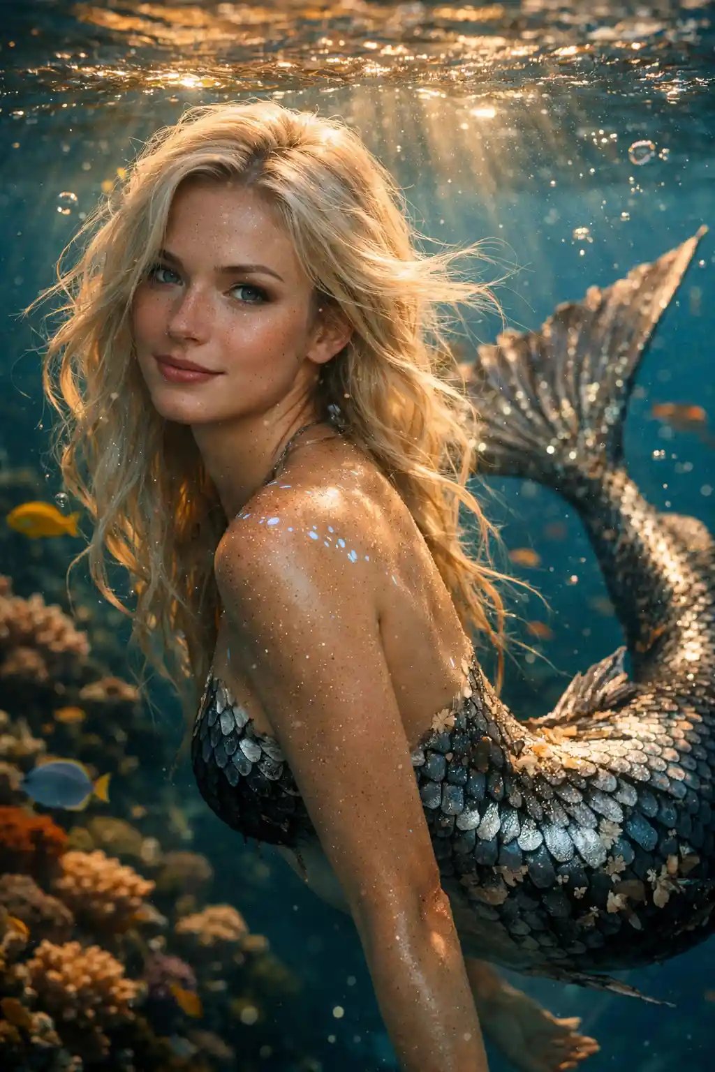 Ritratto sereno di sirena nelle luminose acque di una barriera corallina tropicale