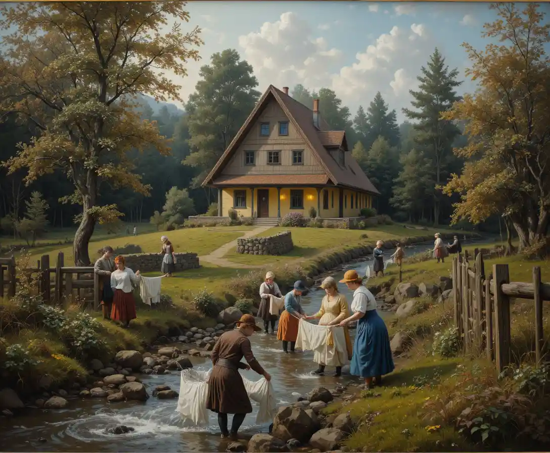 Women washing clothes by a forest stream at dusk