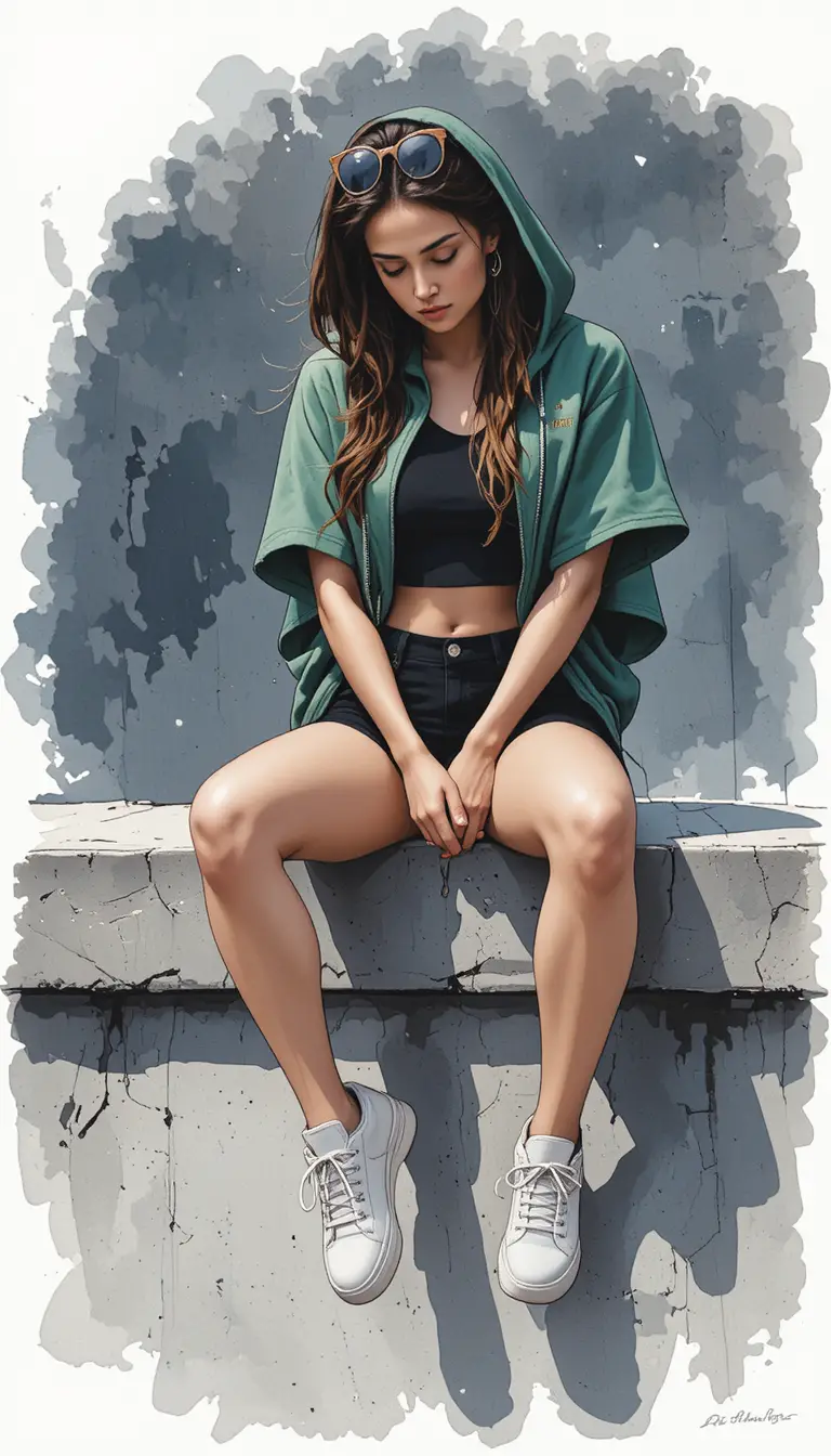 Jeune femme en hoodie vert assise sur un mur en béton