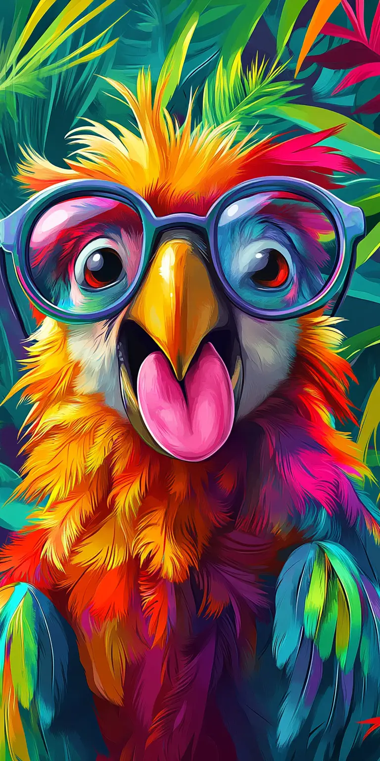 Goofy cartoon parrot portrait with giant glasses