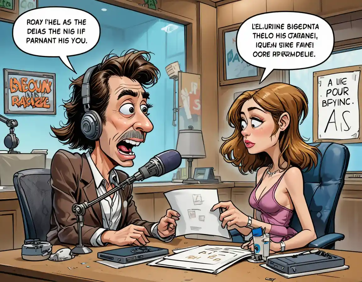 Radio host live on air in a chaotic comic studio
