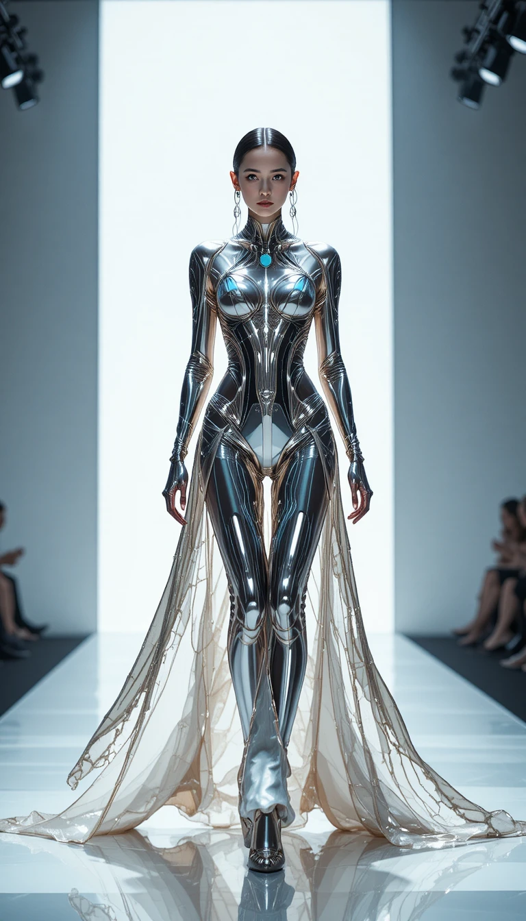 Modella couture futuristica in metallo liquido su passerella bianca