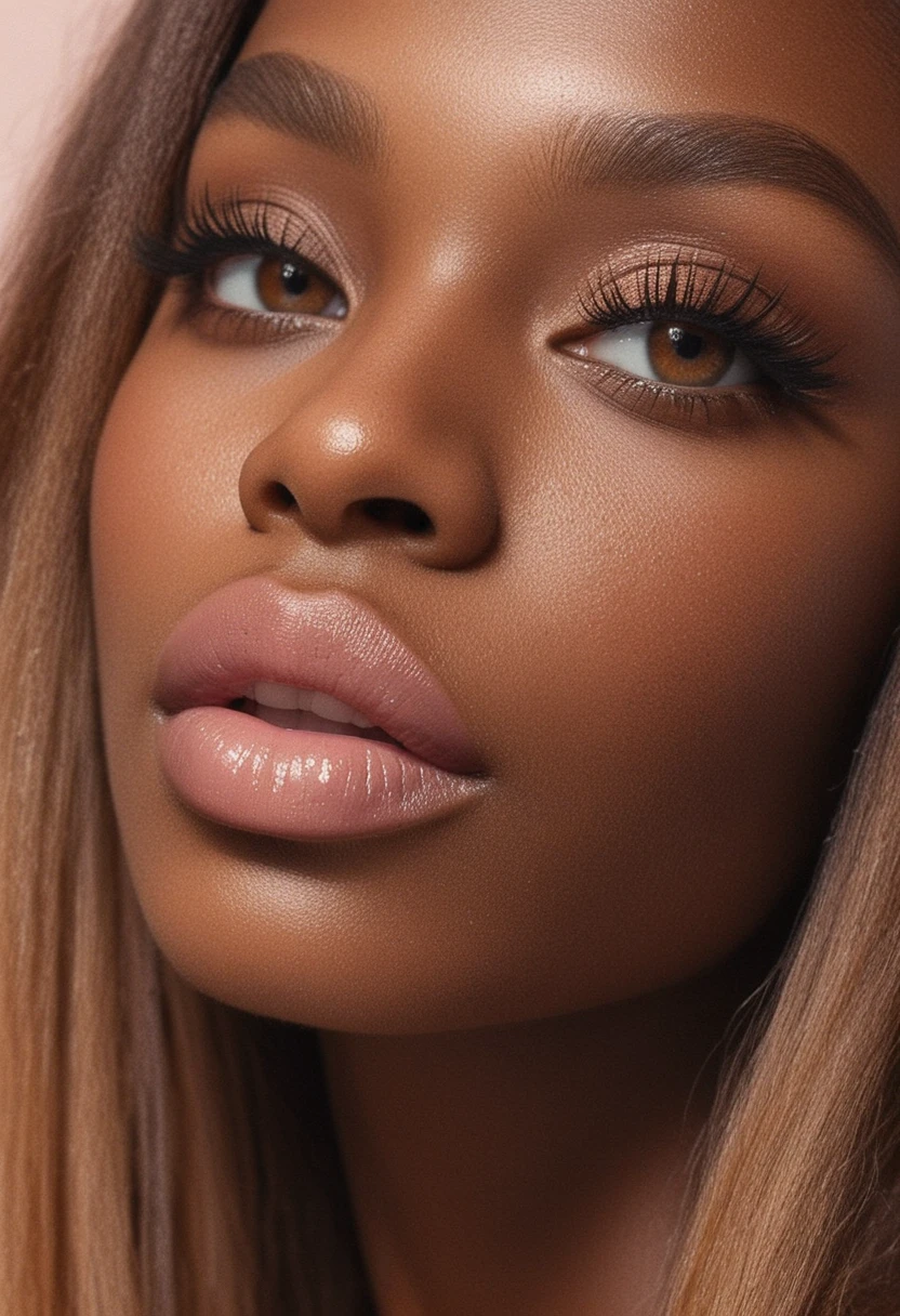 Retrato beauty macro de uma mulher negra com lábios brilhantes