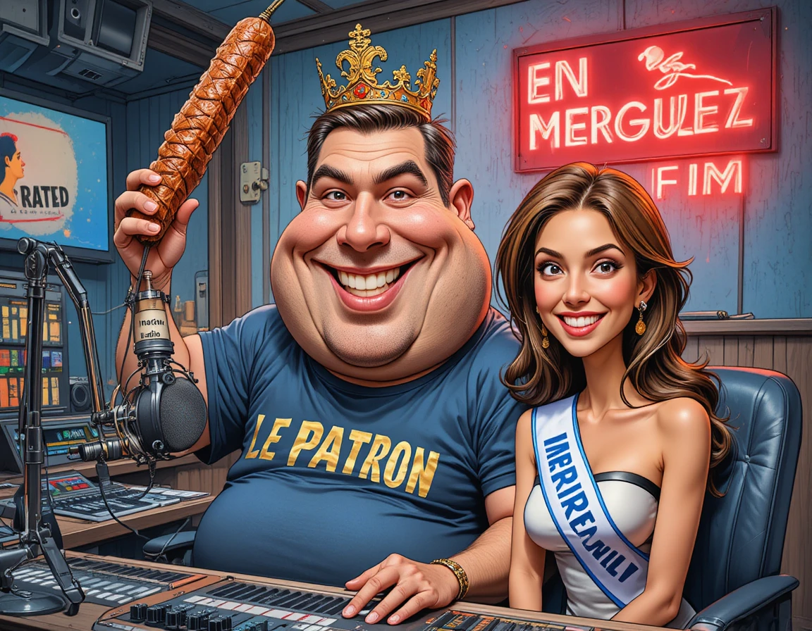 Humorous radio host with paper crown in cartoon studio